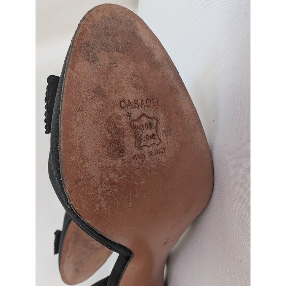 Casadei Woman's Shoes Sz 7 1/2 Black Leather Satin with Sequin Bow Sling Back - Picture 8 of 9